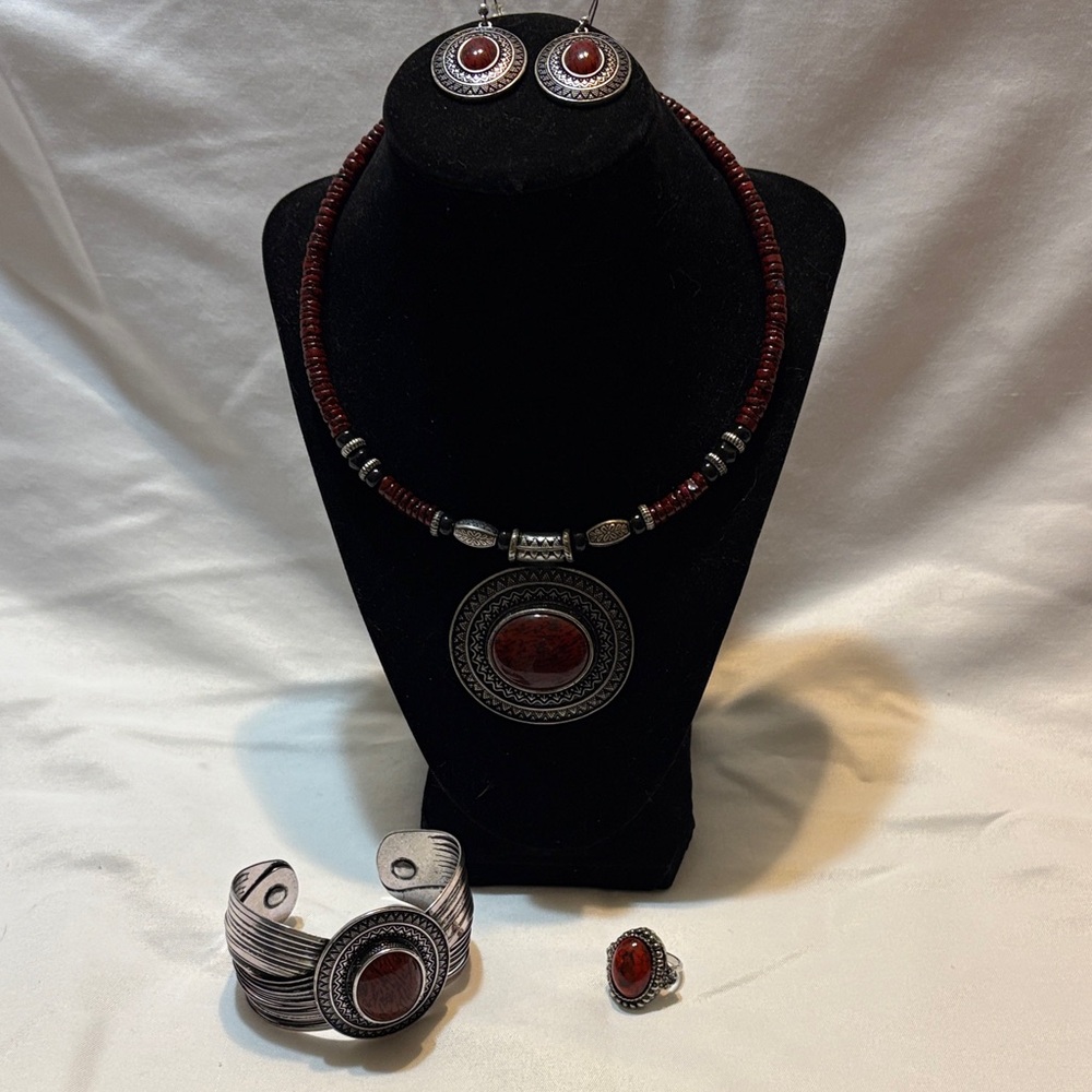 Premier Designs Boho Silver and Deep Red Jewelry Set